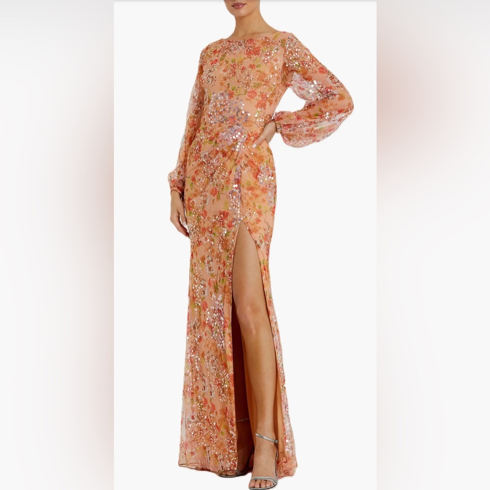 Mac Duggal V-Neck Orange and Pink Gown with Bishop Sleeves